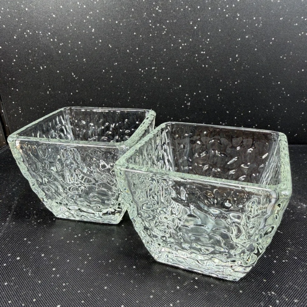 Disaronno Square Hammered Texture Rocks Glasses Bowl Dish Set of 2 Clear Barware